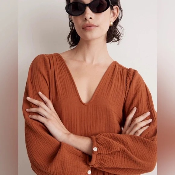MADEWELL - Lightspun Cotton Gauze V-Neck Midi Dress - Burnt Clay - Medium - BNWT - Picture 5 of 16